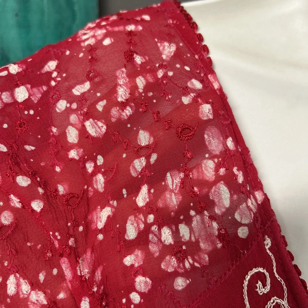 Women's Free Size Red White Dress Embroidered Sheer Tie Dye Boho‎ Fairy Beachy